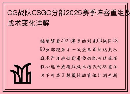 OG战队CSGO分部2025赛季阵容重组及战术变化详解