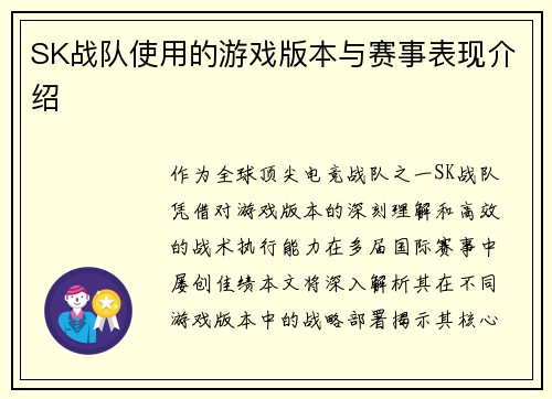 SK战队使用的游戏版本与赛事表现介绍